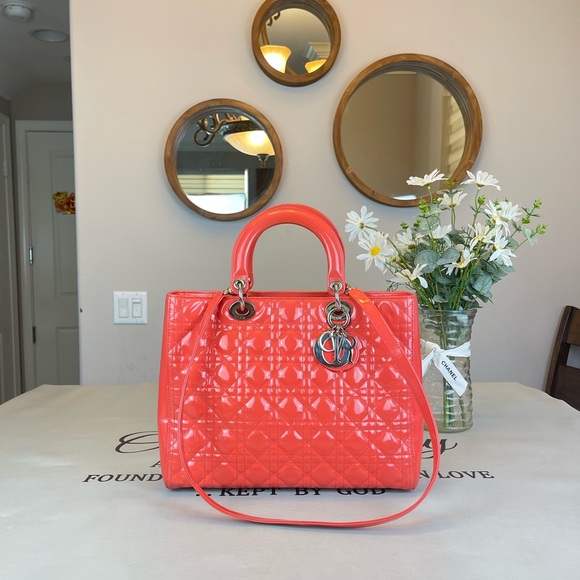 Dior Handbags - Christian Dior Patent Leather Large Lady Dior Shoulder Bag